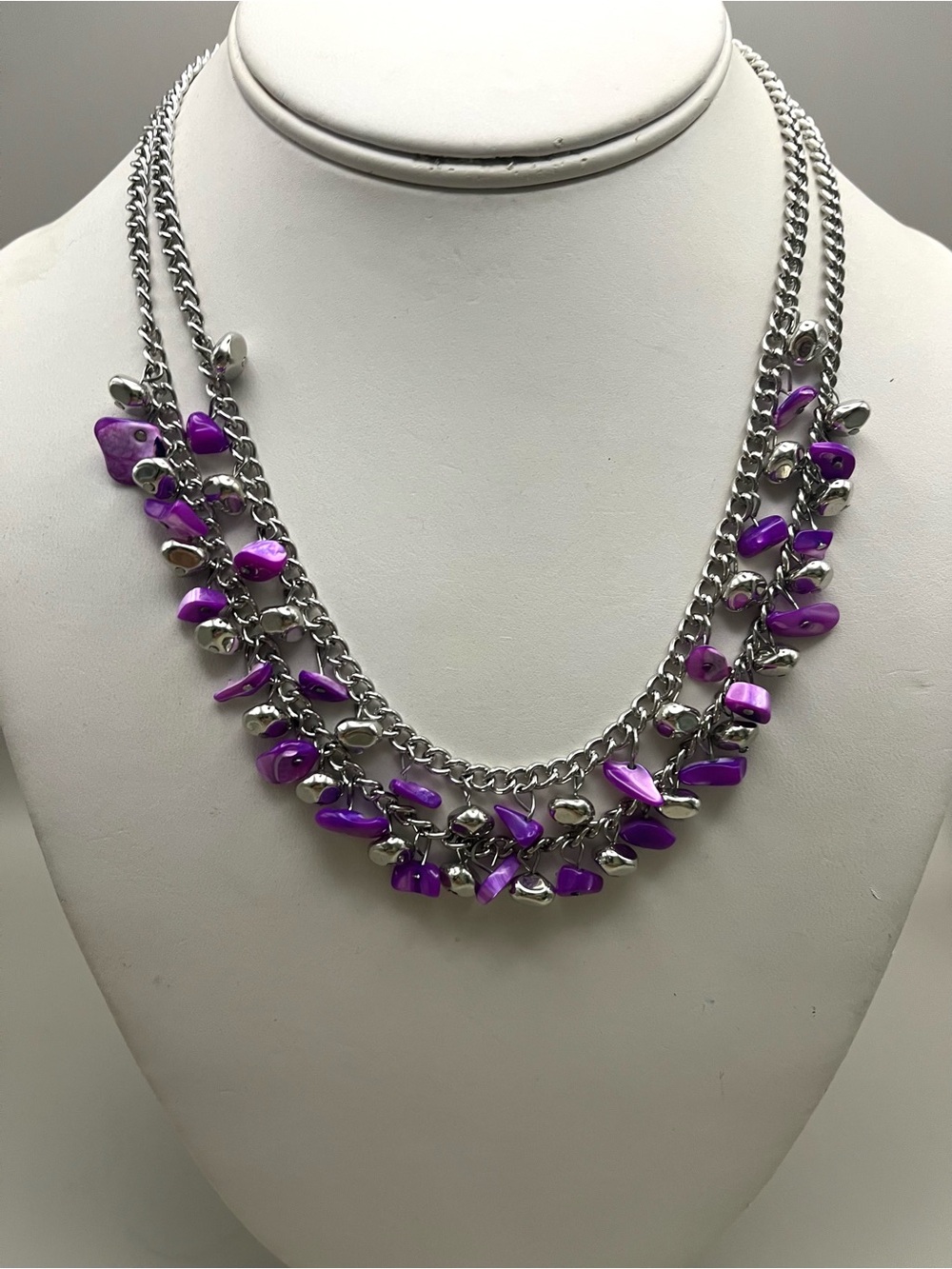 Silver Tone Purple Shell Chip Choker Necklace | Double Chain Charm Bib Statement